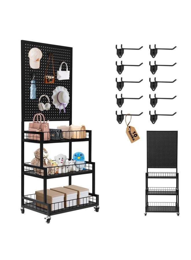 NectaCol Pegboard Panels, 3-Tiers Metal Pegboard Display Stand with Peg Board Panel, Standing Pegboard Display Rack, Craft Show Display, Art Display and Retail Display Stand with 10 Hooks - Black - Image 1