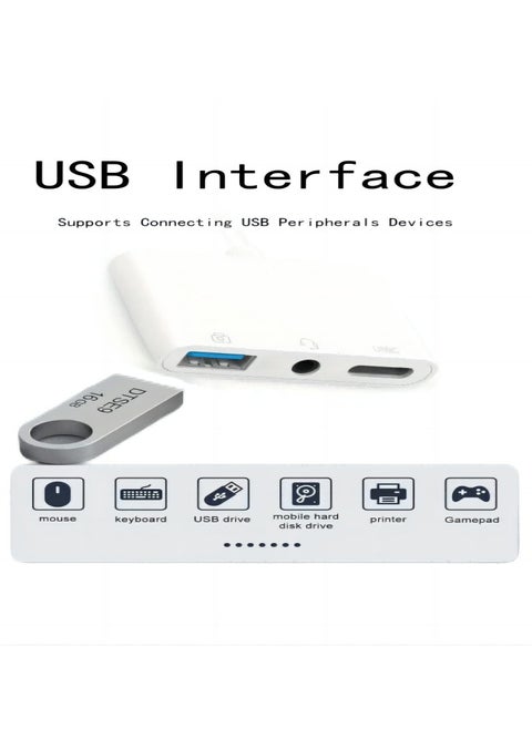 3 in 1 USB Female OTG Adapter with Charging and 3.5mm Headphone Audio Jack Splitter for iPhone/iPad,Support USB Flash Drive,MIDI Keyboard