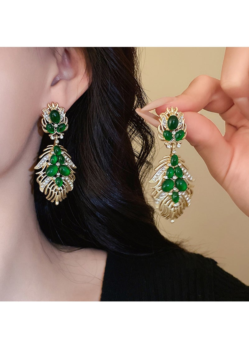 Exquisite Green and Gold Statement Earrings with Zirconia for Women, Bold Ethnic-Inspired Design, Ideal for Special Occasions - Image 1