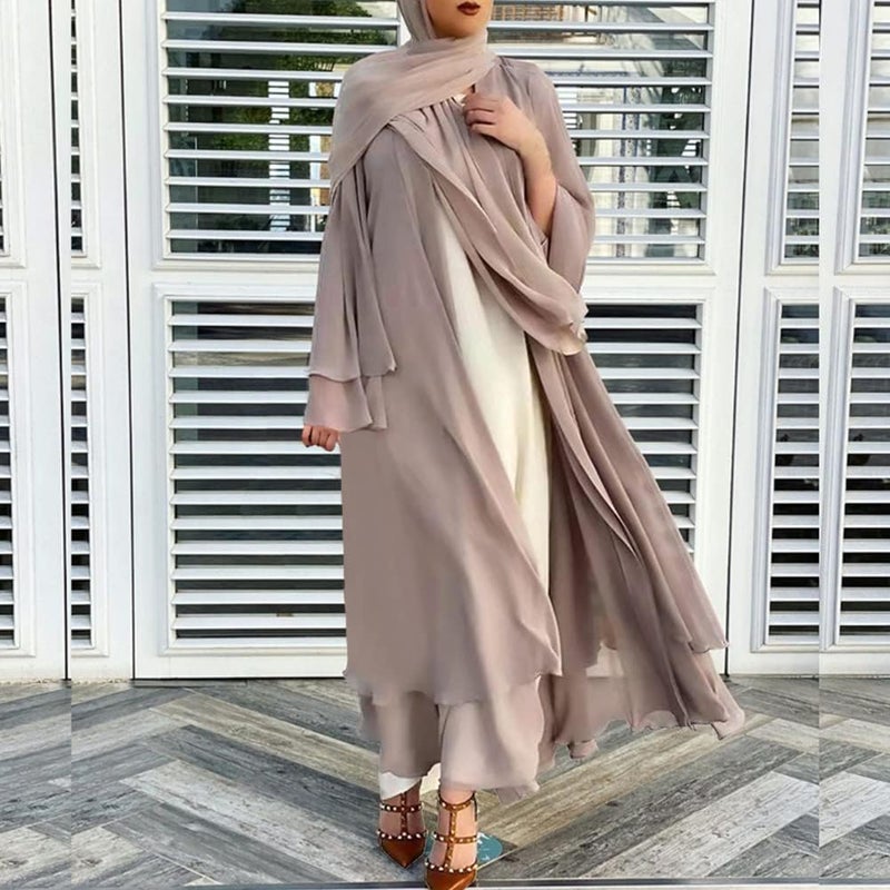 IWEMEK Women Chiffon Muslim Dress Open Front Abaya Long Sleeve Flowy Maxi Cardigan Dress - Khaki - Image 2