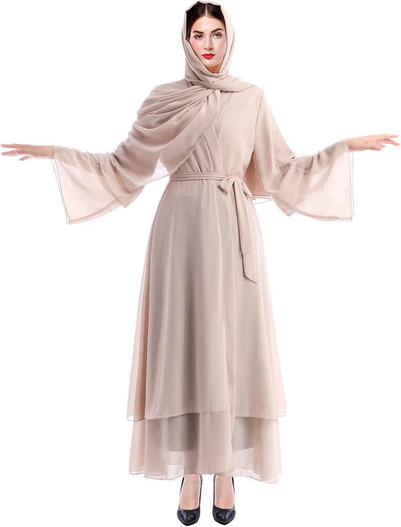 IWEMEK Women Chiffon Muslim Dress Open Front Abaya Long Sleeve Flowy Maxi Cardigan Dress - Khaki - Image 5