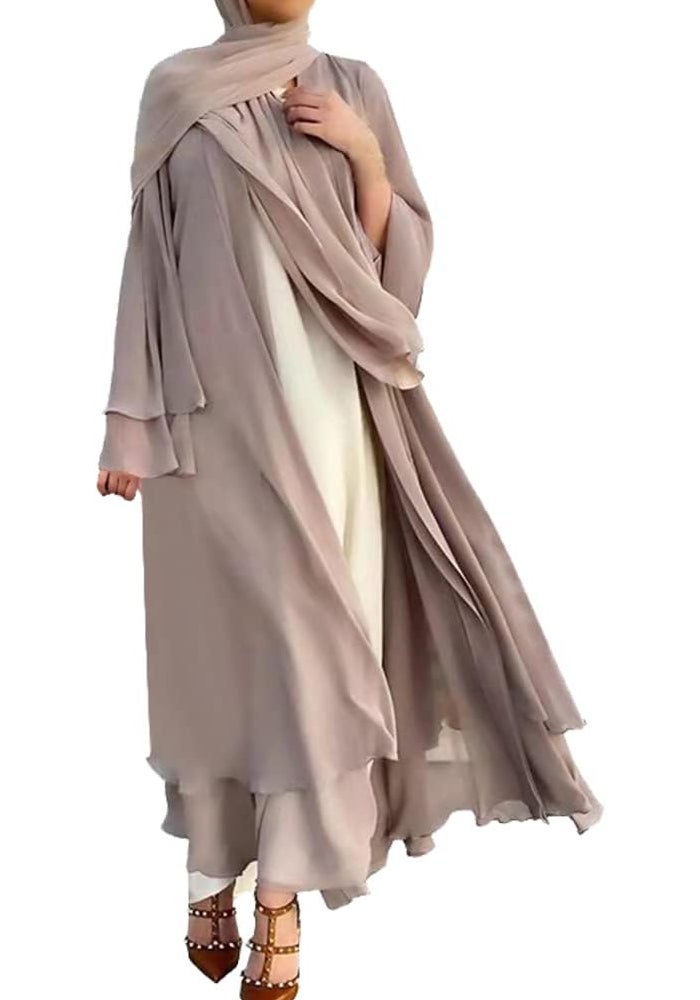 IWEMEK Women Chiffon Muslim Dress Open Front Abaya Long Sleeve Flowy Maxi Cardigan Dress - Khaki - Image 1