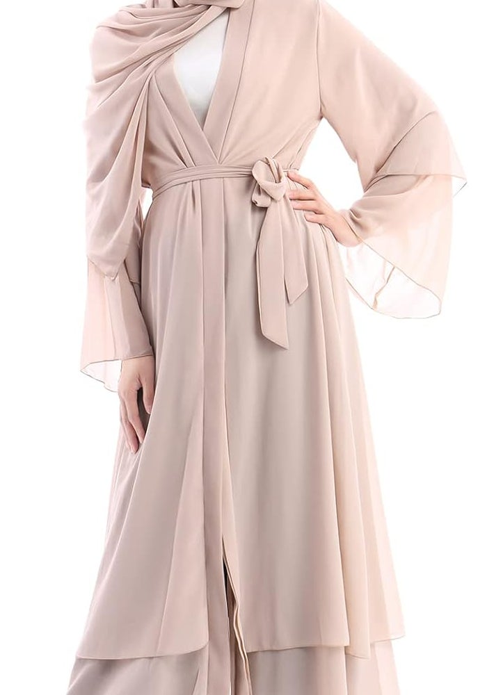 IWEMEK Women Chiffon Muslim Dress Open Front Abaya Long Sleeve Flowy Maxi Cardigan Dress - Khaki - Image 3