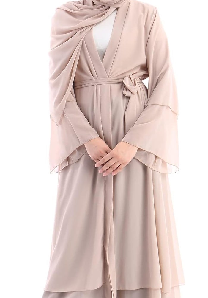 IWEMEK Women Chiffon Muslim Dress Open Front Abaya Long Sleeve Flowy Maxi Cardigan Dress - Khaki - Image 4