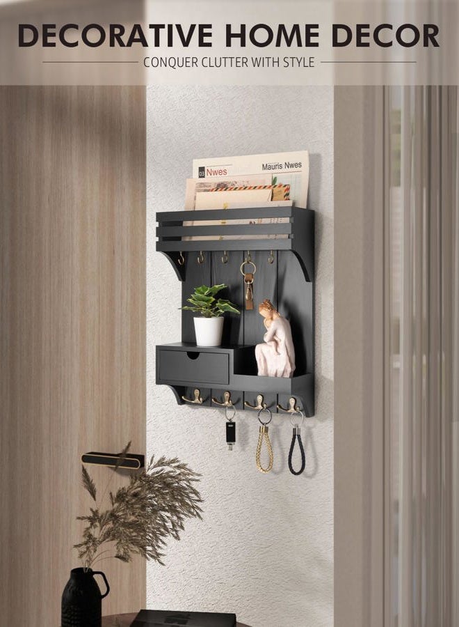 Rebee Vision Modern Key Holder Wall Mount with Mini Drawer Organizer - Decorative Mail Organizer with 9 Key Hooks and Floating Shelf - Stylish Home Decor for Apartment Essentials (Black) - Image 3