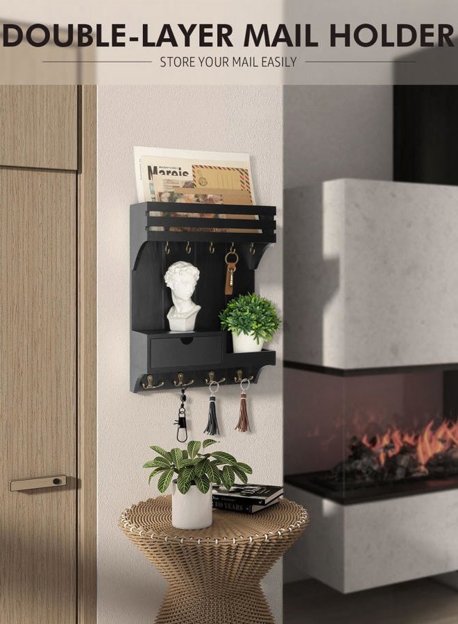 Rebee Vision Modern Key Holder Wall Mount with Mini Drawer Organizer - Decorative Mail Organizer with 9 Key Hooks and Floating Shelf - Stylish Home Decor for Apartment Essentials (Black) - Image 2