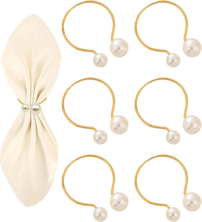 6PCS Christmas Napkin Rings, Gold Pearl Napkin Rings Set, Elegant Dining Table Decor for Wedding, Party, and Festive Occasions, Napkin Holder for Cloth Napkins