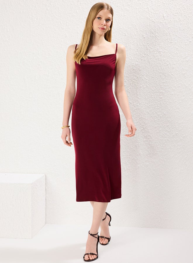 trendyol Claret Red Body-Styling Cowl Neck Midi Flexible Knitted Pencil Dress - Image 1