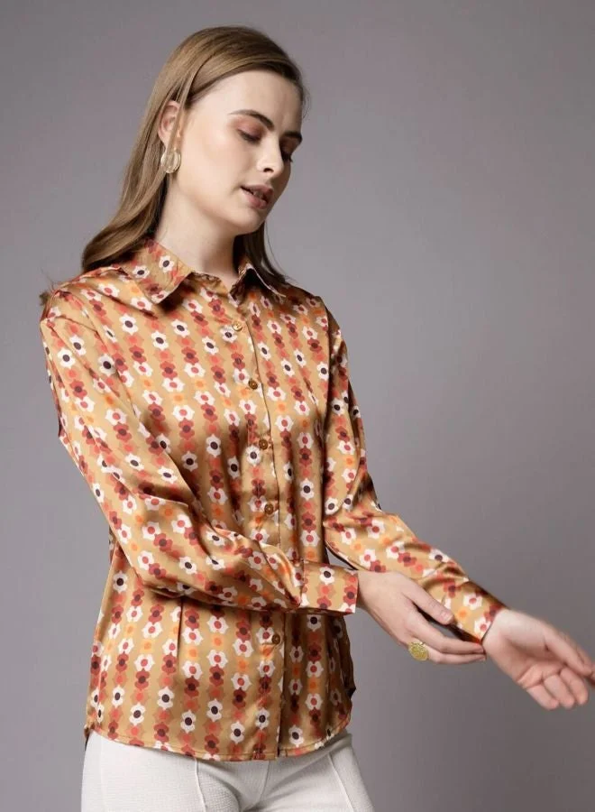 مرفوعة Women Regular Fit Art Deco Printed Shirt Collar Long Sleeve Shirt