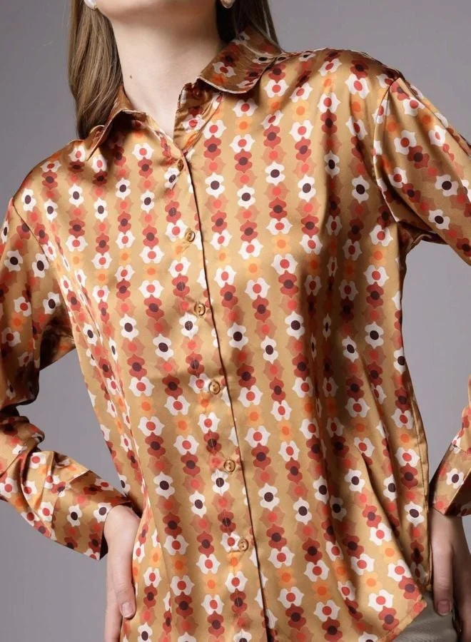 مرفوعة Women Regular Fit Art Deco Printed Shirt Collar Long Sleeve Shirt