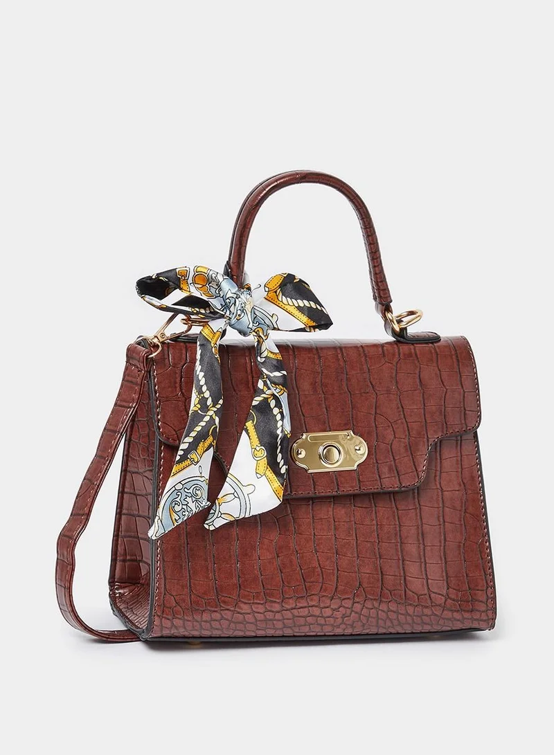 Styli Croc Textured Handbag with Scarf Detail and Long Strap
