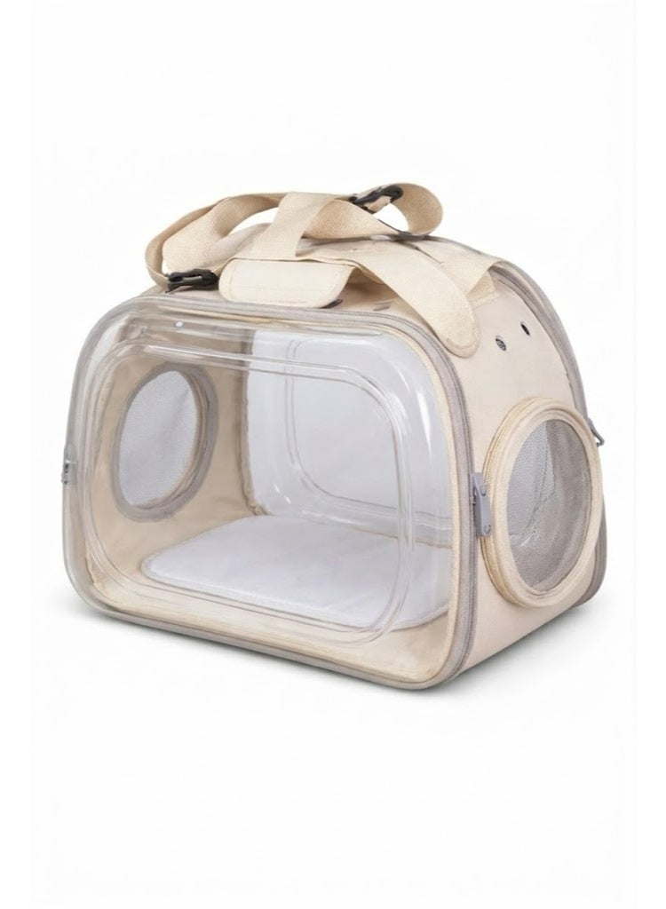 Transparent Pet Carrier Bag, Beige, Clear Front and Back Panels, Mesh Breathing Windows, Multiple Handles for Travel - Image 2