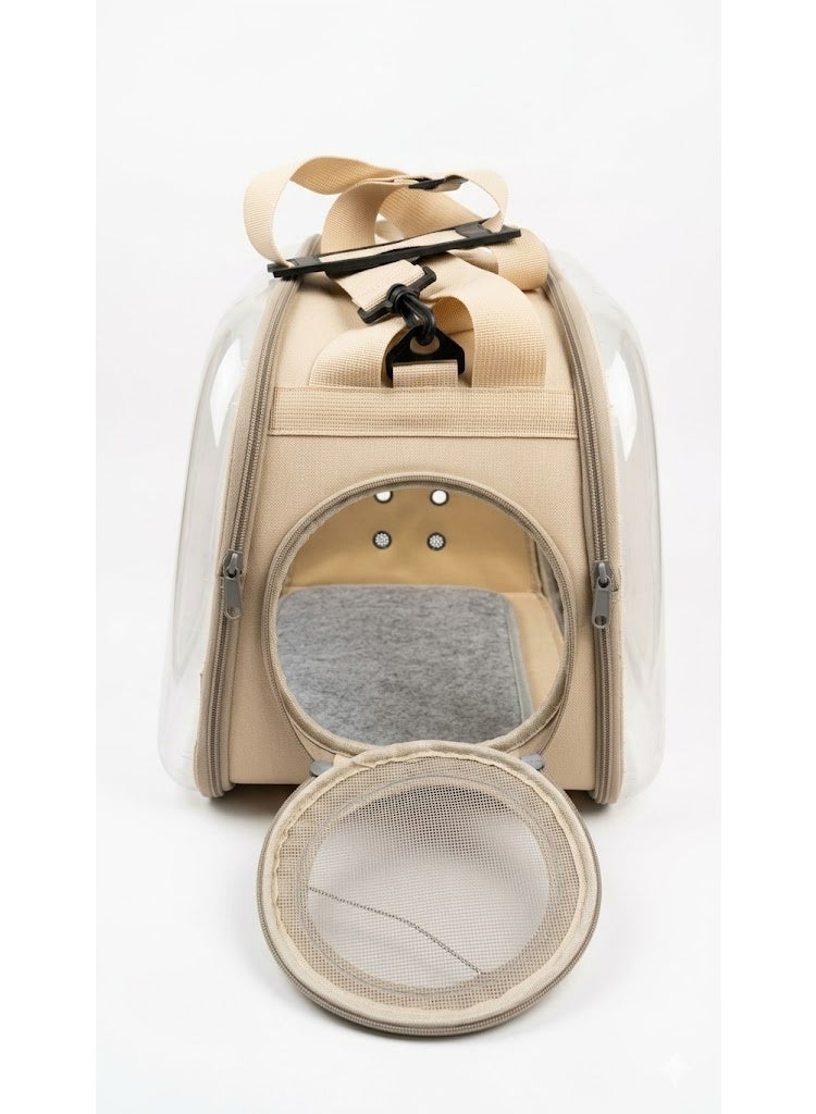 Transparent Pet Carrier Bag, Beige, Clear Front and Back Panels, Mesh Breathing Windows, Multiple Handles for Travel - Image 1