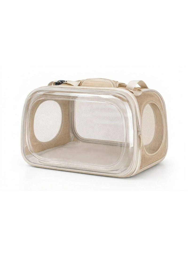 Transparent Pet Carrier Bag, Beige, Clear Front and Back Panels, Mesh Breathing Windows, Multiple Handles for Travel - Image 3