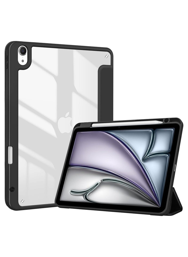 راكسوم حافظة لجهاز iPad Air 4/5 مقاس 10.9 بوصة و11 بوصة 2024 M2 Air الجيل الرابع/الخامس مع حامل قلم وغطاء خلفي شفاف وواقي ذكي باللون الأسود  - Image 1