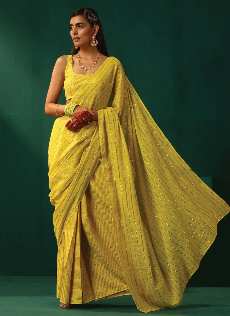 trueBrowns trueBrowns Lime Cotton Gold Striped Ready To Wear Saree