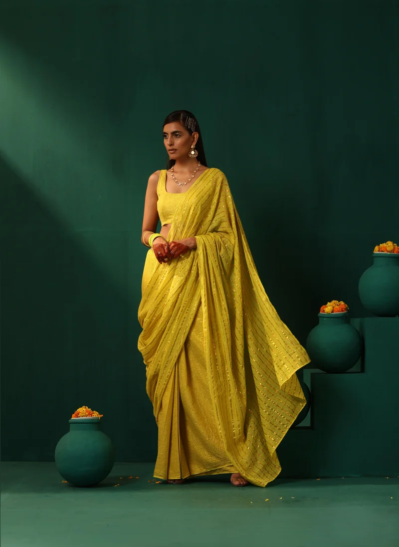 trueBrowns trueBrowns Lime Cotton Gold Striped Ready To Wear Saree