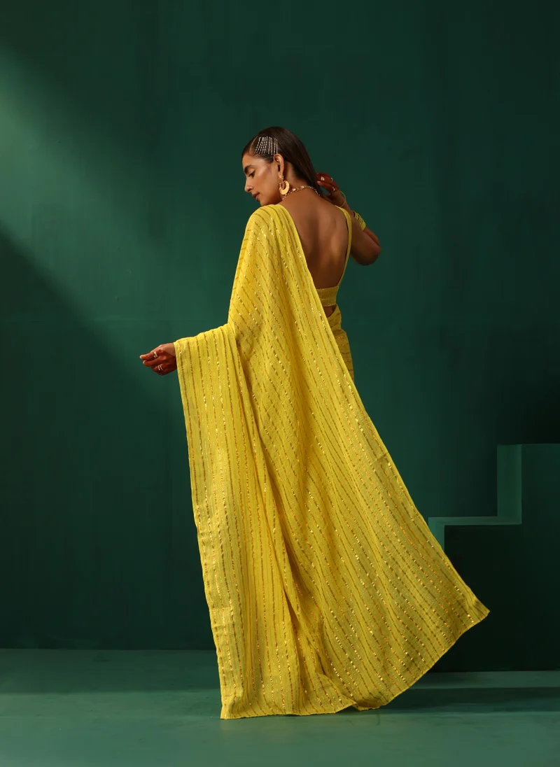 trueBrowns trueBrowns Lime Cotton Gold Striped Ready To Wear Saree