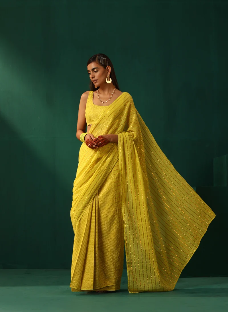 trueBrowns trueBrowns Lime Cotton Gold Striped Ready To Wear Saree