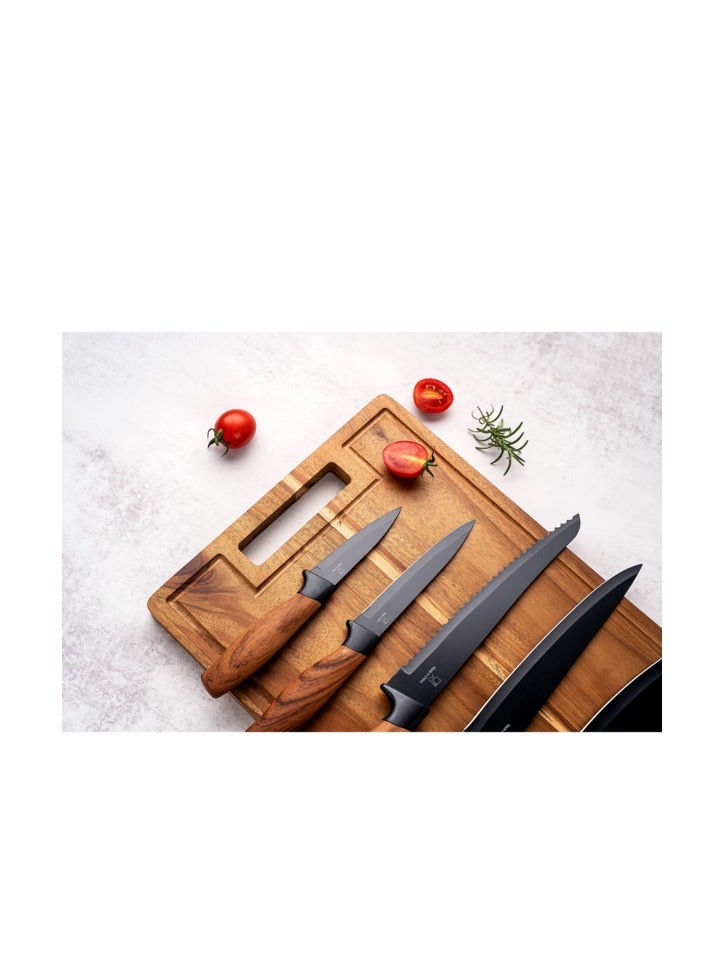 6-Piece Elegant Kitchen Knife Set with Wooden Chopping Board Brown and Black