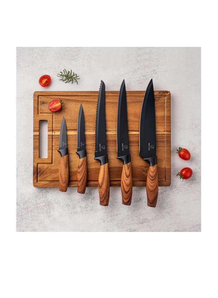 6-Piece Elegant Kitchen Knife Set with Wooden Chopping Board Brown and Black