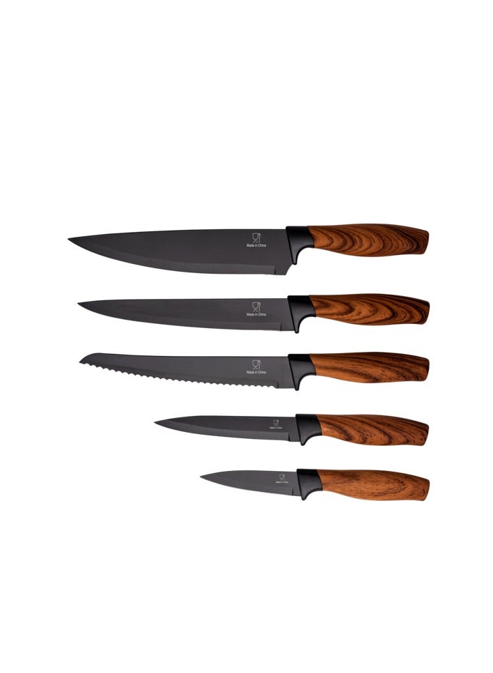 6-Piece Elegant Kitchen Knife Set with Wooden Chopping Board Brown and Black