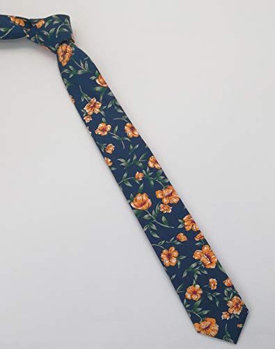 WITZROYS Men's Skinny Tie Floral Cotton Necktie and Tie Bar Clip Sets, Great for Weddings,Groom,Groomsmen (Blue & Orange #A4) - Image 5