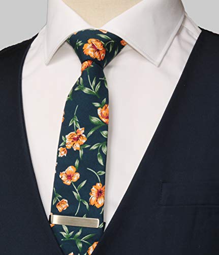 WITZROYS Men's Skinny Tie Floral Cotton Necktie and Tie Bar Clip Sets, Great for Weddings,Groom,Groomsmen (Blue & Orange #A4) - Image 2