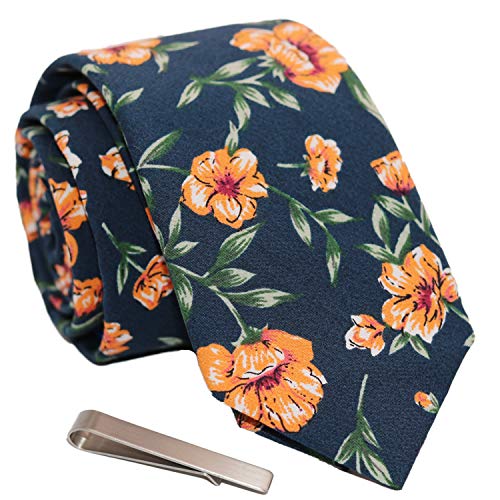WITZROYS Men's Skinny Tie Floral Cotton Necktie and Tie Bar Clip Sets, Great for Weddings,Groom,Groomsmen (Blue & Orange #A4) - Image 1