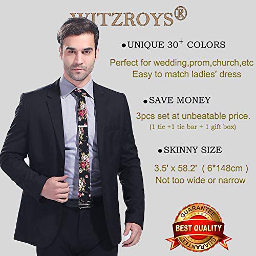 WITZROYS Men's Skinny Tie Floral Cotton Necktie and Tie Bar Clip Sets, Great for Weddings,Groom,Groomsmen (Blue & Orange #A4) - Image 3
