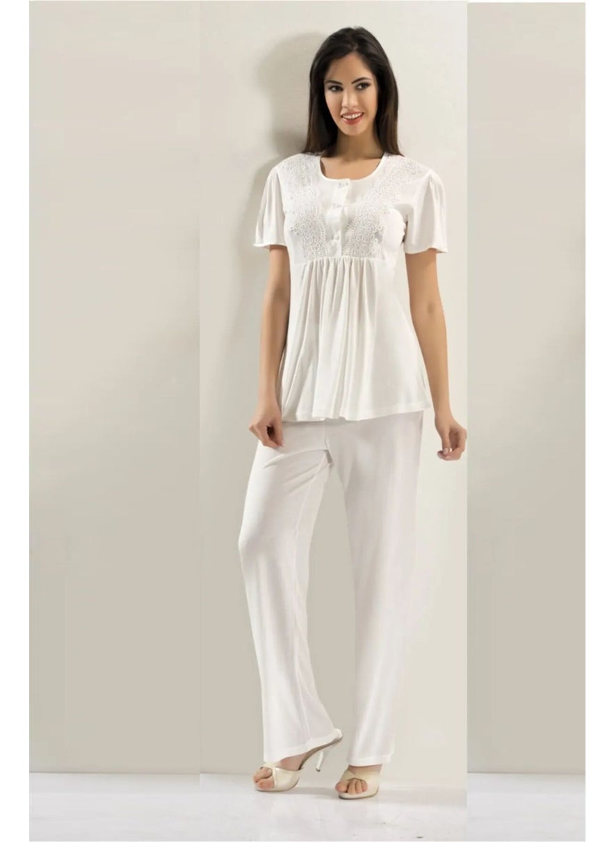 X Ses - Xses 4001 Women's Maternity and Postpartum Dressing Gown Pajama Set-Ecru - Image 1