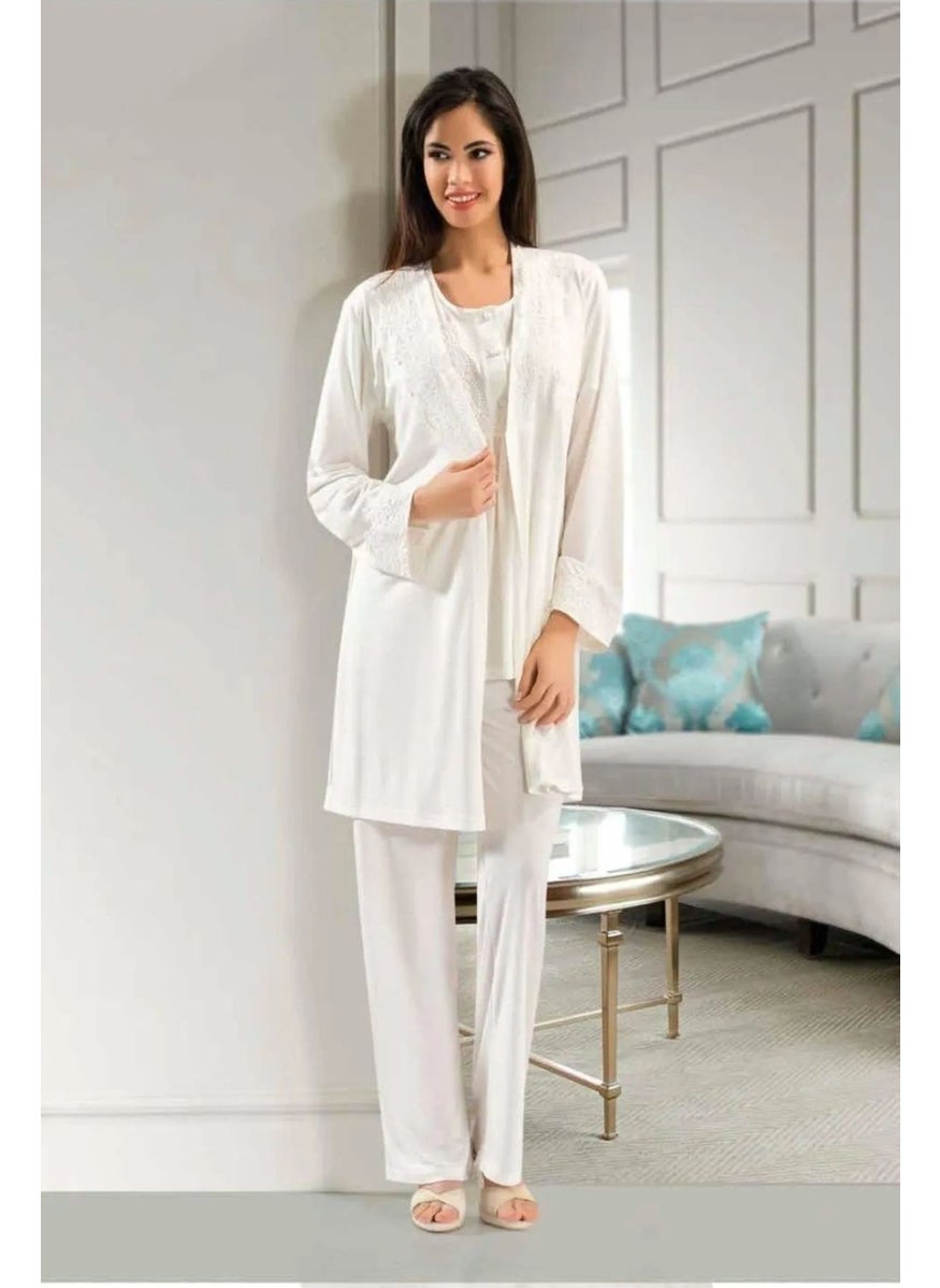 X Ses - Xses 4001 Women's Maternity and Postpartum Dressing Gown Pajama Set-Ecru - Image 1