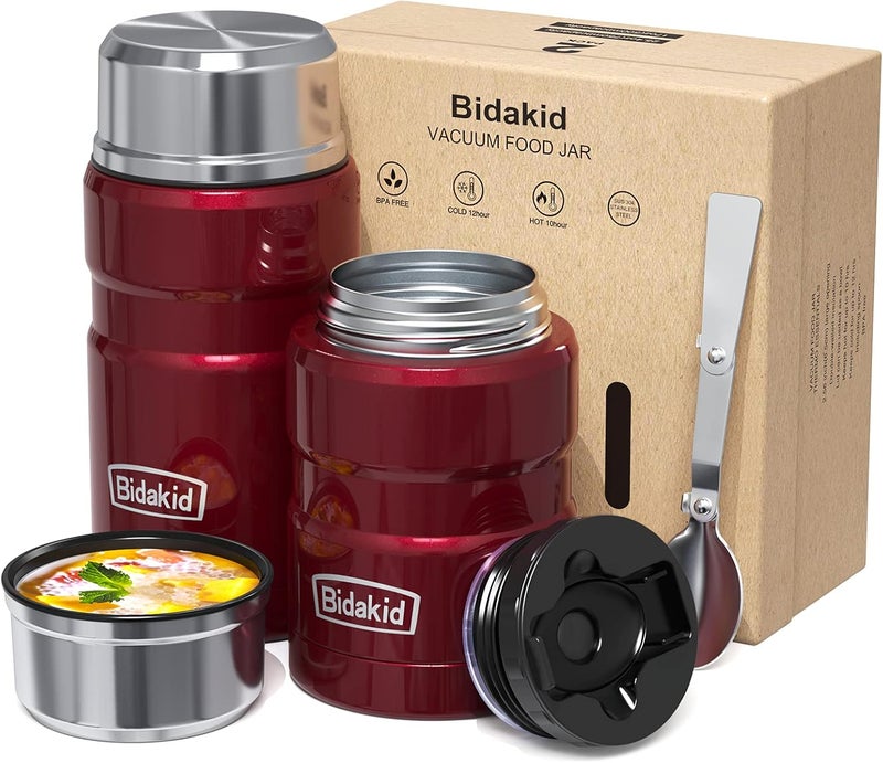Bidakid Insulated Food Jar Set – 25.4oz & 17oz Stainless Steel Containers with Folding Spoon and Carrying Bags – Leak-Proof, Keeps Food Hot or Cold for up to 12 Hours – Ideal for Work, School, Travel - Image 1