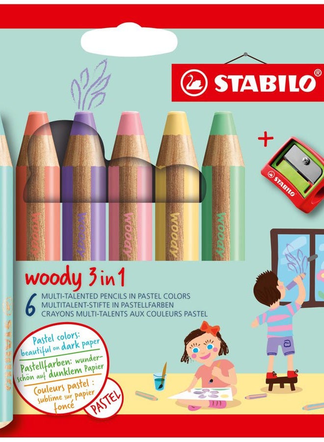 STABILO woody 3 in 1, Set, 6-Color Pastel Set with Sharpener - Image 1