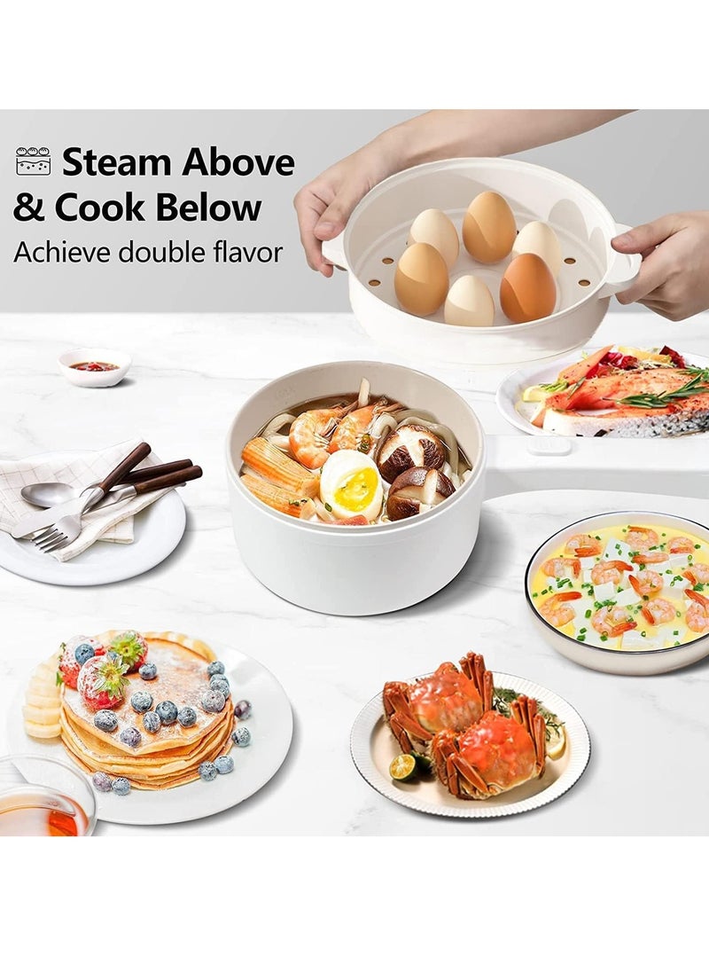 Hihonor - 2L Electric Hot Pot with Steamer & Temperature Control, Non-Stick Electric Cooker Shabu Shabu, Electric Skillet, Frying Pan, Electric Saucepan, for Noodles, Egg, Steak, Oatmeal and Soup - Image 1