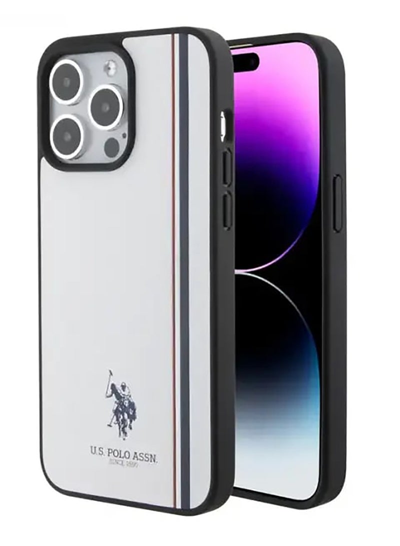 يو اس بولو جراب جلد صناعي لهاتف iPhone 15 Pro Max مع خط ثلاثي الألوان من DH - أبيض - Image 4