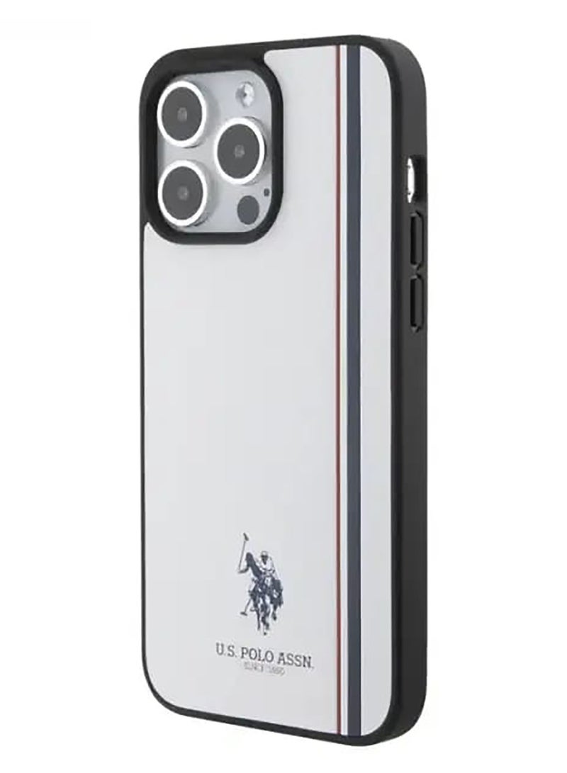 يو اس بولو جراب جلد صناعي لهاتف iPhone 15 Pro Max مع خط ثلاثي الألوان من DH - أبيض - Image 1