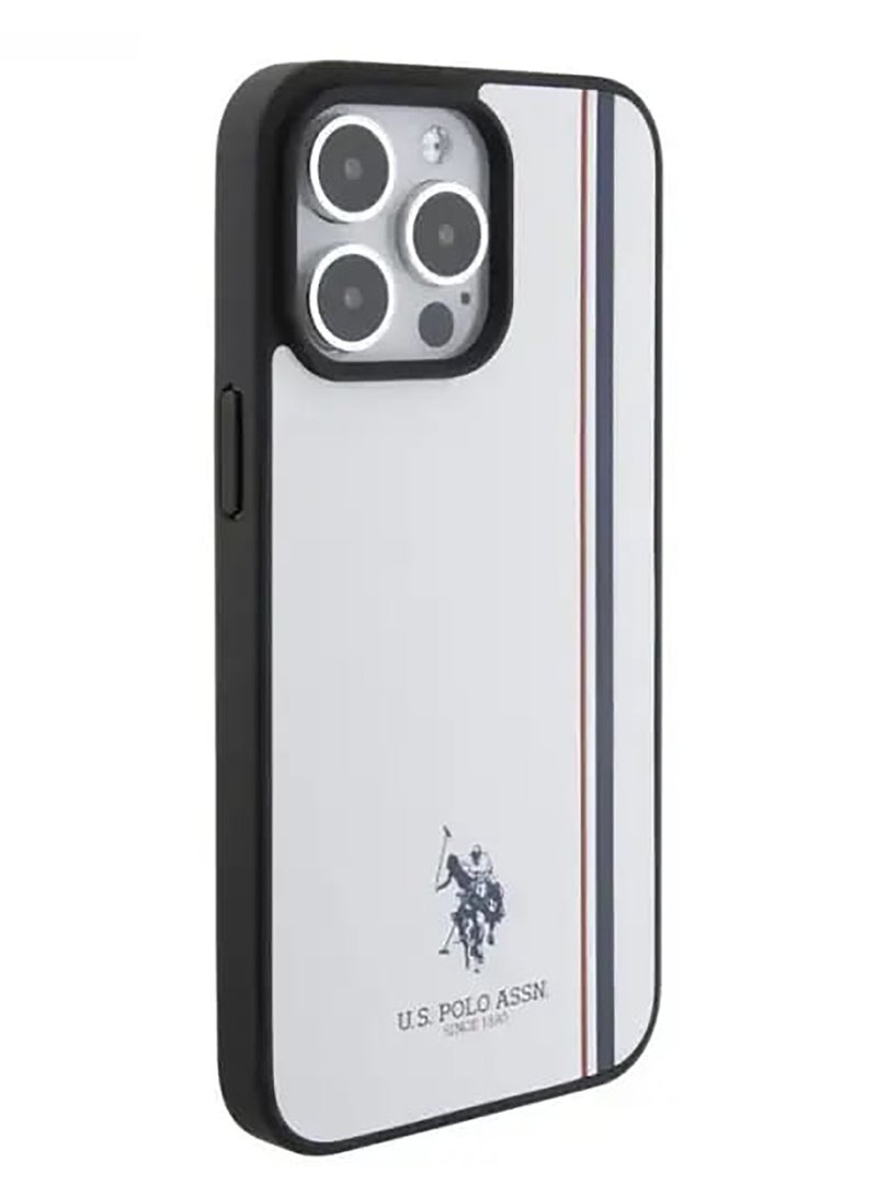 يو اس بولو جراب جلد صناعي لهاتف iPhone 15 Pro Max مع خط ثلاثي الألوان من DH - أبيض - Image 3