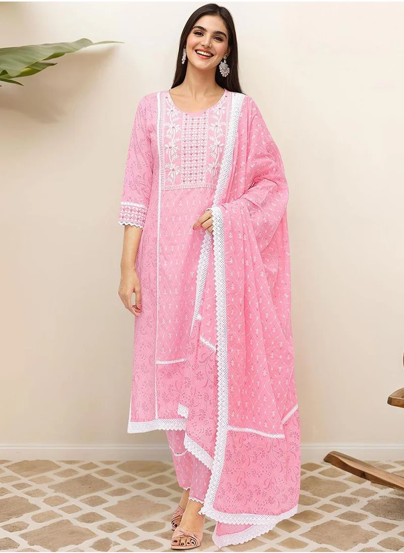ISHIN Regular Fit Embellished Pattern Round Neck Neck Three-Quarter Sleeve Pink Colour Knitted Cotton Kurta Set for Women with Mid-Rise Closure - A Timeless Addition to Your Collection