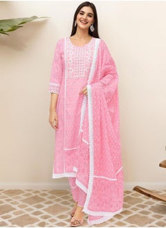 ISHIN Regular Fit Embellished Pattern Round Neck Neck Three-Quarter Sleeve Pink Colour Knitted Cotton Kurta Set for Women with Mid-Rise Closure - A Timeless Addition to Your Collection  - Image 1