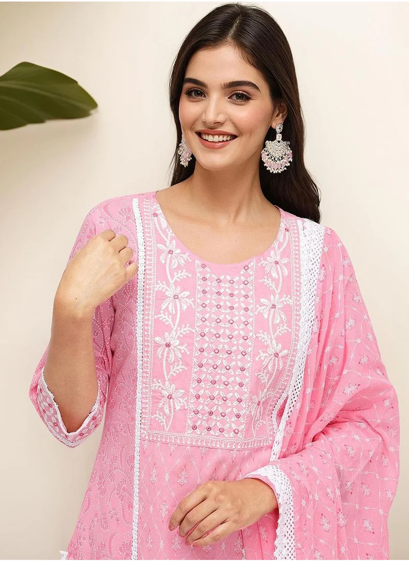 ISHIN Regular Fit Embellished Pattern Round Neck Neck Three-Quarter Sleeve Pink Colour Knitted Cotton Kurta Set for Women with Mid-Rise Closure - A Timeless Addition to Your Collection