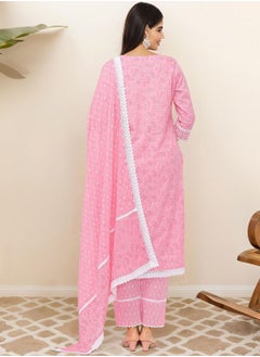 ISHIN Regular Fit Embellished Pattern Round Neck Neck Three-Quarter Sleeve Pink Colour Knitted Cotton Kurta Set for Women with Mid-Rise Closure - A Timeless Addition to Your Collection  - Image 3