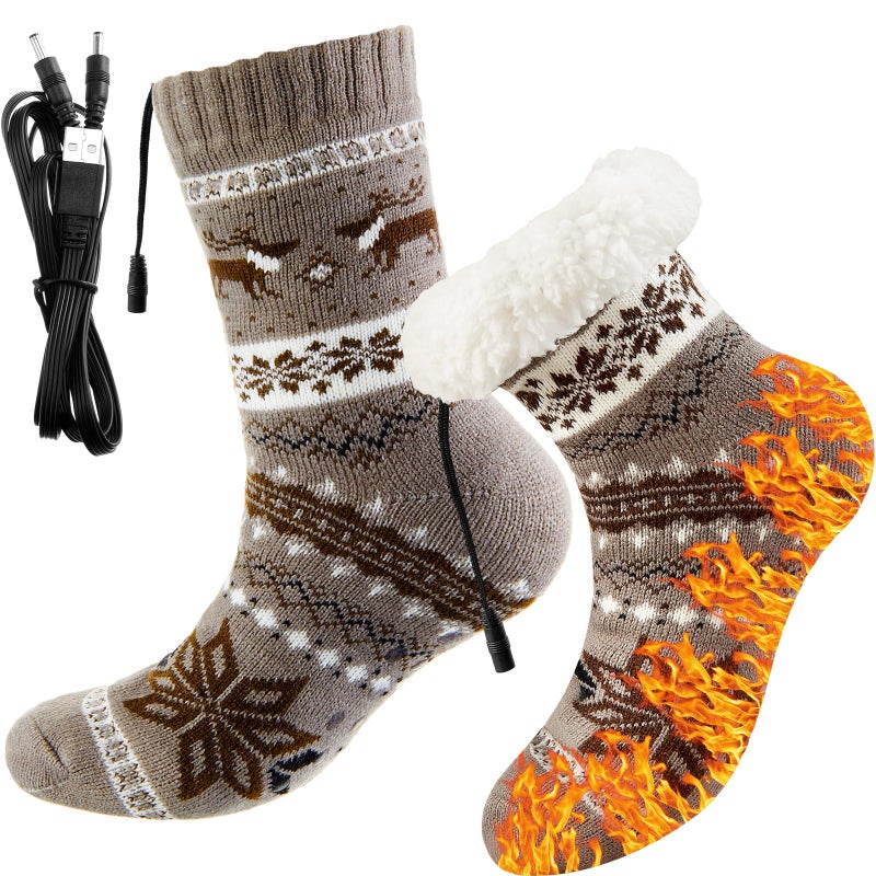 Chicingyou Electric Heated Fleece Socks for Men Women, Winter USB Heating Pad Knitted Socks Foot Heater Anti-Slip Thermal Indoor Footwear Foot Warmer Fit for Women's 7.5-10.5 Men's 6-9 (Button, Gray) - Image 1