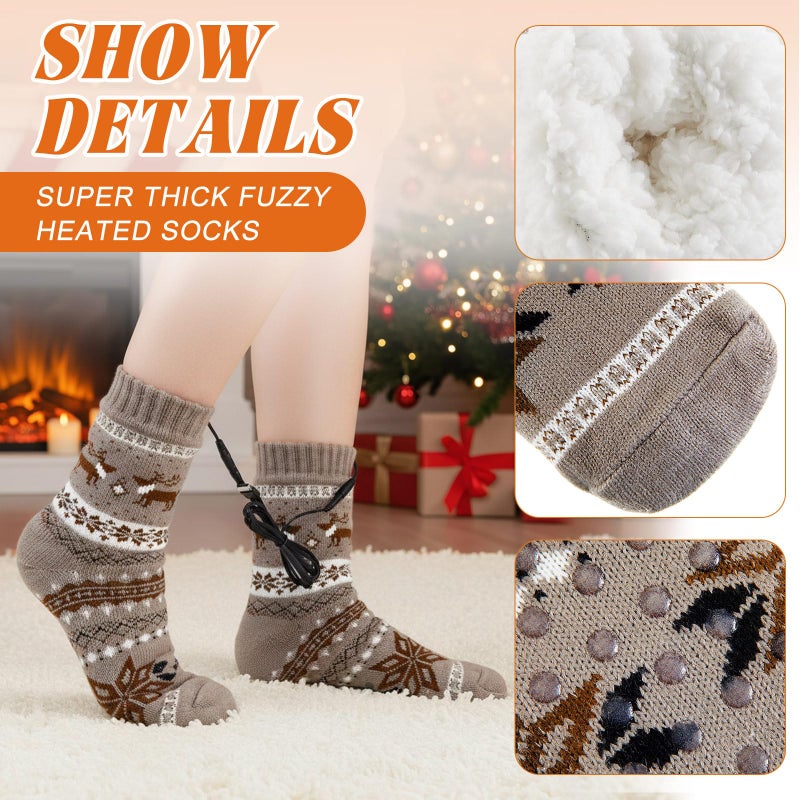 Chicingyou Electric Heated Fleece Socks for Men Women, Winter USB Heating Pad Knitted Socks Foot Heater Anti-Slip Thermal Indoor Footwear Foot Warmer Fit for Women's 7.5-10.5 Men's 6-9 (Button, Gray) - Image 4