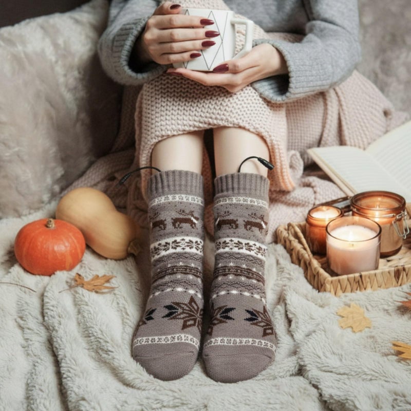 Chicingyou Electric Heated Fleece Socks for Men Women, Winter USB Heating Pad Knitted Socks Foot Heater Anti-Slip Thermal Indoor Footwear Foot Warmer Fit for Women's 7.5-10.5 Men's 6-9 (Button, Gray) - Image 3