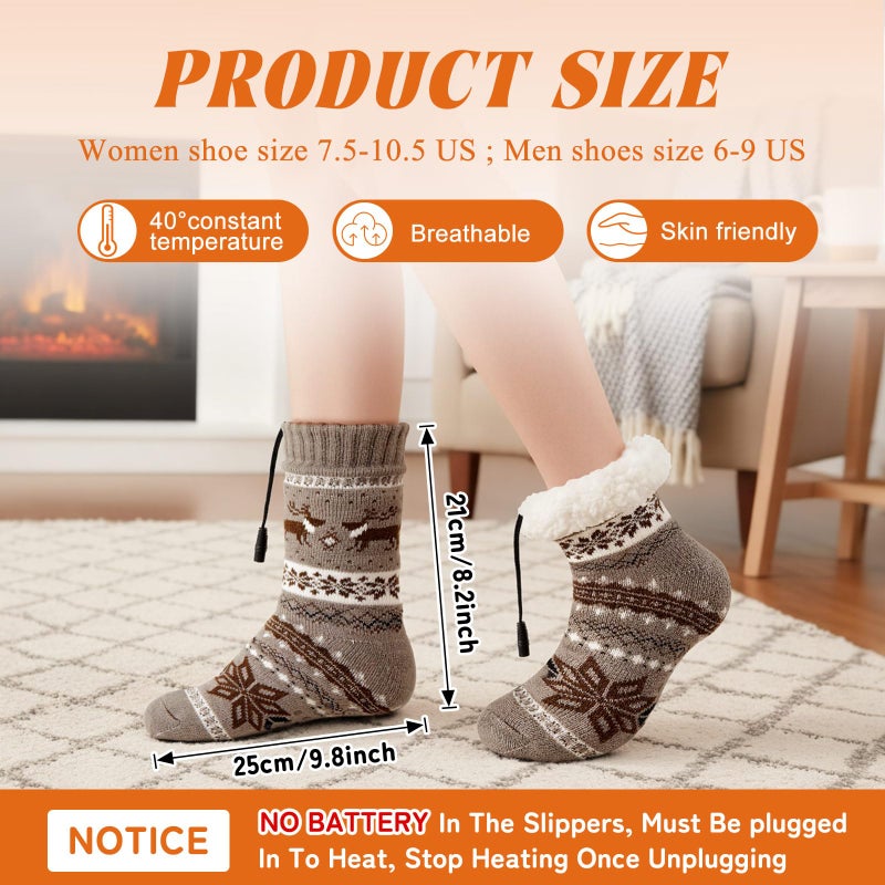 Chicingyou Electric Heated Fleece Socks for Men Women, Winter USB Heating Pad Knitted Socks Foot Heater Anti-Slip Thermal Indoor Footwear Foot Warmer Fit for Women's 7.5-10.5 Men's 6-9 (Button, Gray) - Image 2