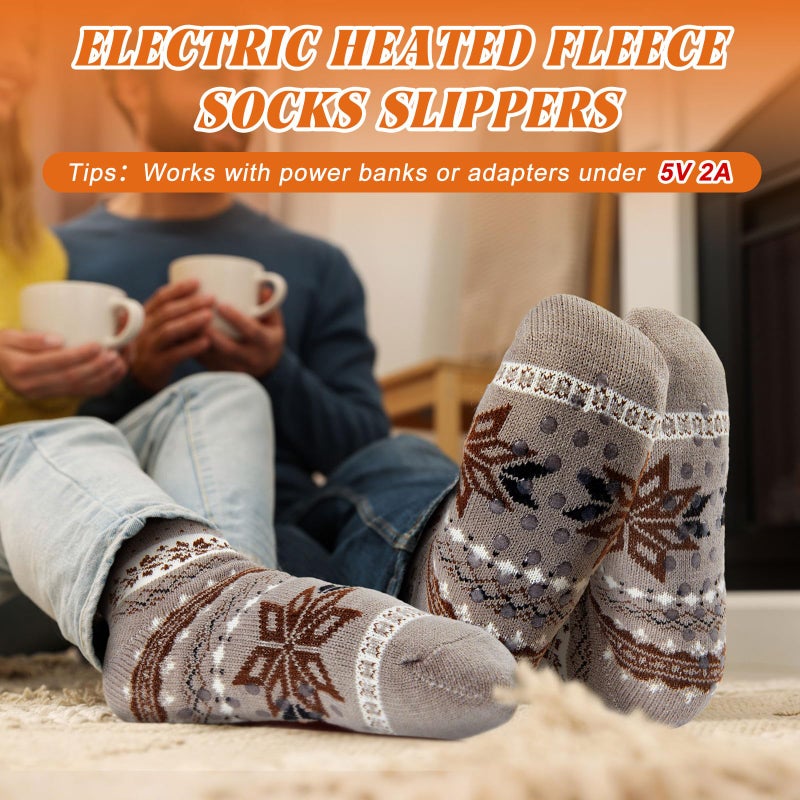 Chicingyou Electric Heated Fleece Socks for Men Women, Winter USB Heating Pad Knitted Socks Foot Heater Anti-Slip Thermal Indoor Footwear Foot Warmer Fit for Women's 7.5-10.5 Men's 6-9 (Button, Gray) - Image 5