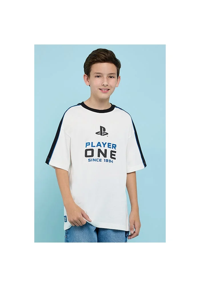 أر أند بي PlayStation Print Oversized T-Shirt with Crew Neck and Short Sleeves