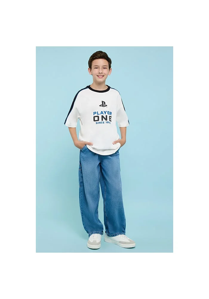 أر أند بي PlayStation Print Oversized T-Shirt with Crew Neck and Short Sleeves