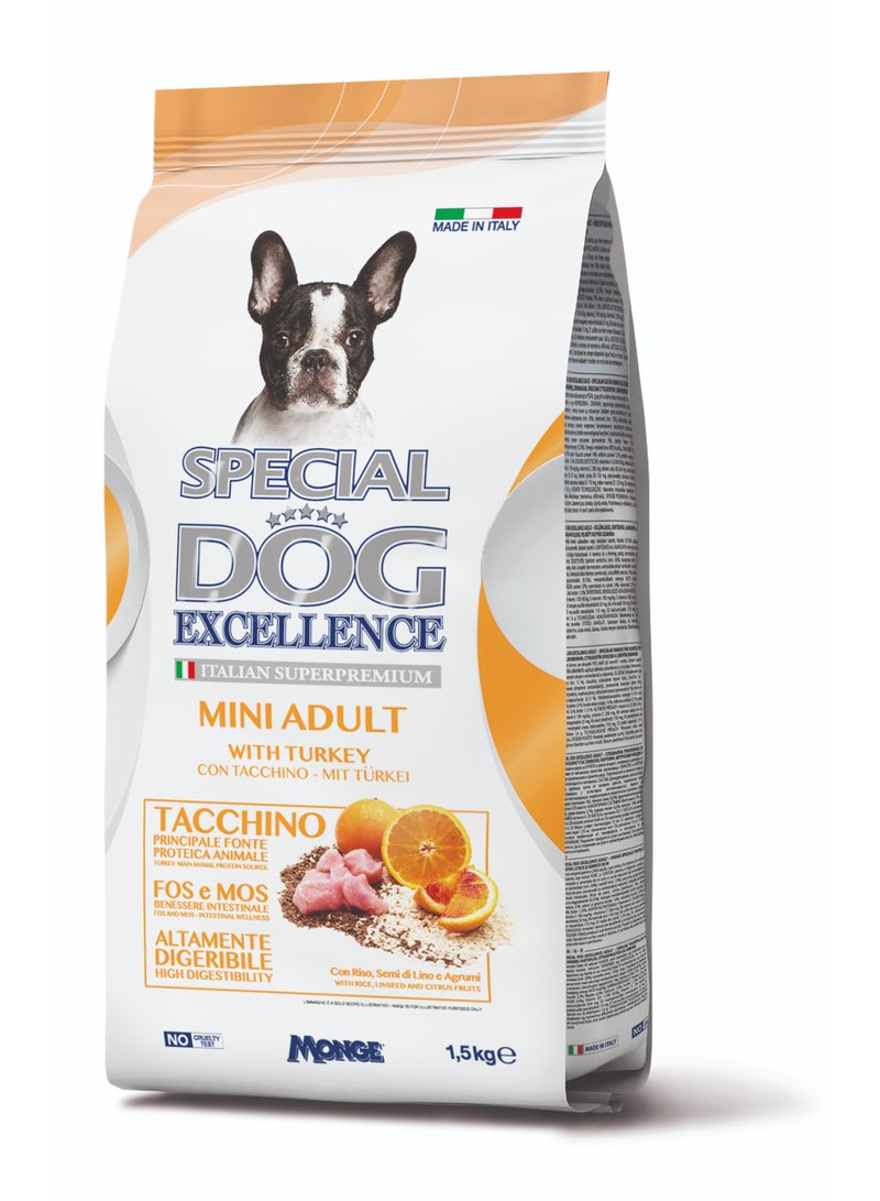 Monge Special Dog Excellence by Monge | Mini Adult Dog Dry Food with Turkey, Linseed and Citrus Fruits | Super Premium Complementary Dry Dog Food - 1.5Kg